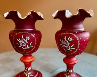 Hand enameled sating ruby glass lusters, ca 1930s.