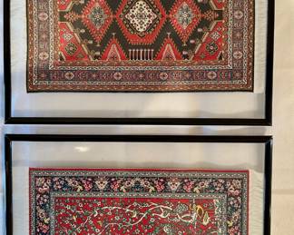 Two framed miniature (6 inches by 9 inches) woven silk "rugs". Fabulous details.