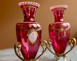 Pair Fenton Art Glass cranberry amphora vase and stand, signed "George W Fenton", numbers 90 and 183 of 400 made.