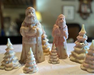 Fenton Burmese glass Santas and Christmas trees. Picture added 23-May-2025.