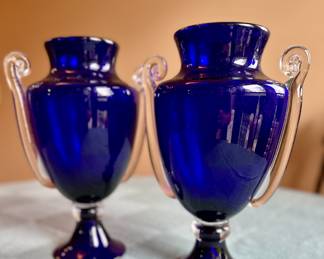 Large Hollywood Regency style cobalt blue Murano glass vases.