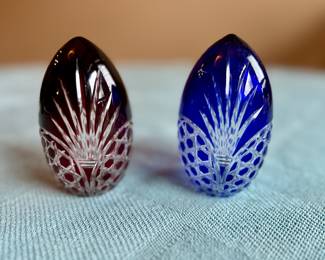 Bohemian red and blue cut glass eggs.