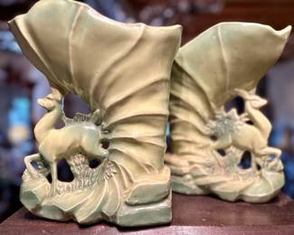 PAIR! Vintage McCoy green deer and cornucopia vases.