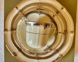 Noritake Stratford Platinum dinnerware sets. Thirteen complete, unused sets in original boxes, plus matching service pieces, also unused.