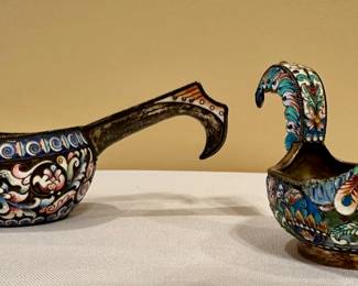 Cloisonne enamel and silver Russian Kovshes.