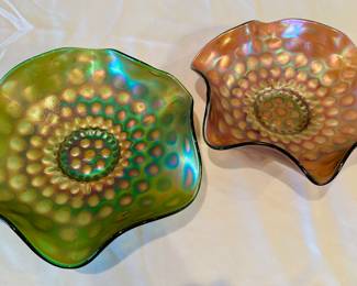 Fenton green and apricot coin dot carnival glass bowls.