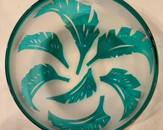 Larege Steven Correia cameo art glass bowl with teal leaves, numbered.