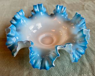 Fenton blue and white crimped-rim glass bowl.