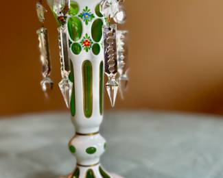 Czech Bohemian white cut to green glass hand painted mantel luster.