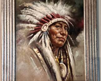 Oil painting of indigenous man in headdress.