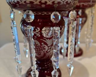 Pair antique Moser design Bohemian luster lamp, ruby hand cut to clear.