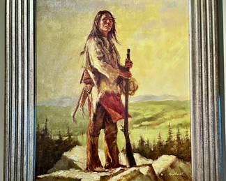 Oil painting of indigenous man with rifle.