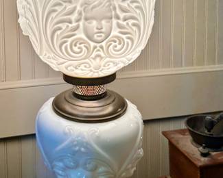Cherub face milk glass lamp. Picture added 23-May-2025.