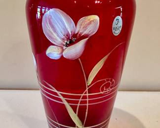 Fenton hand painted ruby red vase.