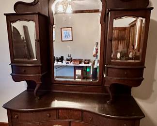 Pre-Civil War oak buffet or vanity dresser, saved from a hotel in Birmingham, AL before General Sherman burned the hotel. Hand written letter documents this story.