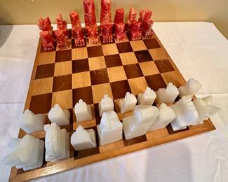 Onyx chess set. Well played board/storage box but chess pieces are in very good condition. No missing pieces.