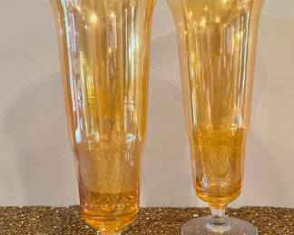 Vintage iridescent yellow marigold glass vases.