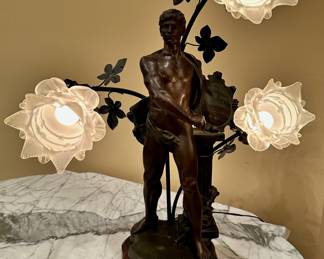 Bronze Renaissance Sportive lamp by AJ Scotte, with extra frosted glass shades.