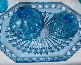 Aqua blue ice glass tray and lidded dishes.