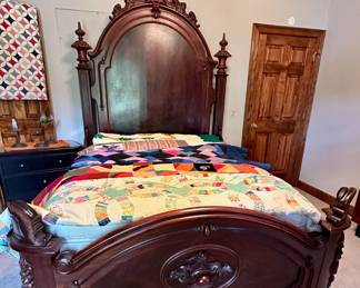 Victorian Rococo style queen bed. Various quilts also for sale.