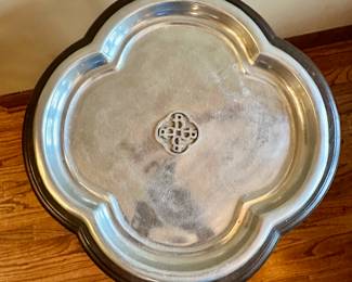 Thomasville Bogart leather cigar table with pewter tray top (top down view).