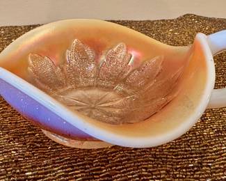 Dugan leaf marigold carnival glass bonbon dish.