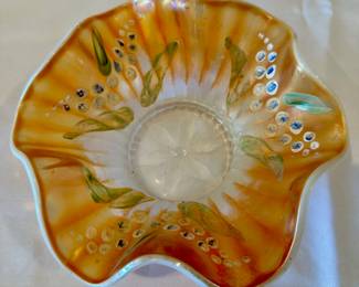 Vintage Dugan carnival glass bowl, ca 1910s.