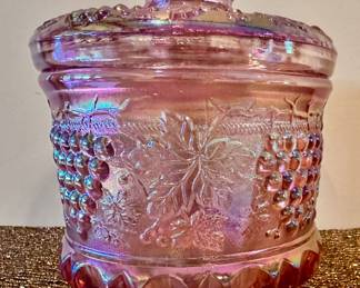 Fenton Art Glass Grape and Cable tobacco jar in iridescent pink.