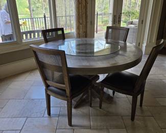 Round Table, four Arhaus chairs, glass lazy susan (separate)