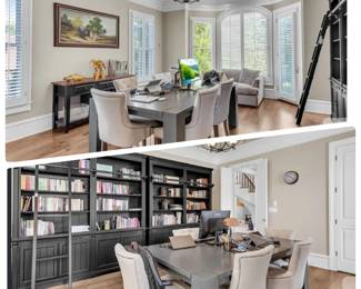 Office/library 2 double library shelves (6’7.5” tall), ladder, table with built in power receptacles (6’8”x4’2”), sofa, console table (5’2”x32”h), 8 upholstered chairs