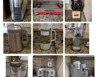Top: Kuerig, Cannery Hot Dog Roller Griĺl,Cuisenart Block knife set
Middle: Joyoung soy milk maker, Nutribullet
Bottom: Zojirushi Htbrid water boiler/warmer,Cuisinart 4 slice toaster, Kuerig Latte & Cappachino