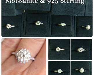 MOISSANITE & STERLING SILVER RINGS. New in box from owners business. 4 styles, multiple sizes available.