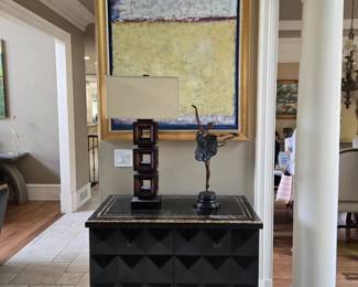 Cabinet (3'H x 3'2"W x 19.2"D) Lamp, artwork, Bronze ballerina (one of several bronze pieces)