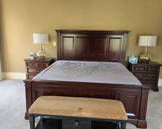 Haverty’s 5 piece bedroom including King bed, 2 bedside chests (30”wx30”h), 7 ft high Armoire, Chest (38”hx68”w), 53”wide bench, pair of decorative lamps.