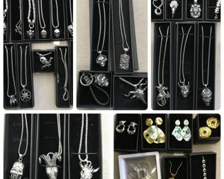 Jewelry from owners company. Most is new in gift boxes. Heavy pendants and chains, most is stainless. Earrings, bracelets, and fine chains (some 925 silver settings).