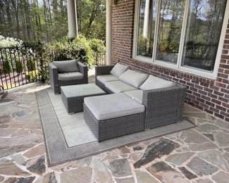 Outdoor set with Sunbrella cushions. Outdoor rug.