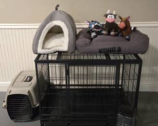Dog crate, pet carrier, cat/small dog bed, kong dog bed, water dish, feeder, Happy Tails like new pet toys.