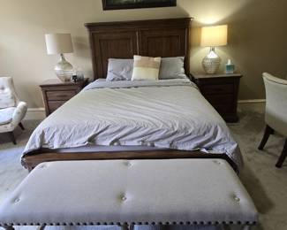Haverty’s dark panel wood queen bed and bedside chests (29.5”x28”)54” Parkfield Home Meridian bench, pair of decorative lamps, various artwork.