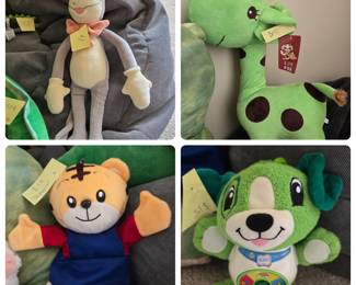 Vintage Asian Cat in the Hat $8, Genuine Ebisu tag Green giraffe $15, Shimajiro $12, Leapfrog Scout $15