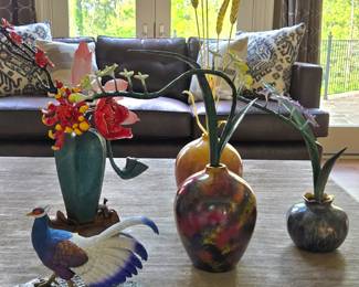 High End Colored Brass Statues handmade using wax casting copper process, high temp color burning + hand-painted color: Left to Right. Back: "Four Seasons Peace Vase", "Peace Every Year Vase" Front: Brown Eared Pheasant (limited edition 500 worldwide), "An Elegant Orchid Vase"23"L x 6.3"W x 16.9"H weight ~10lb. "An elegant Orchid Vase" 13.8"L x 4.7"W x 12.6"H