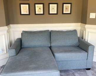 Loveseat/chaise, 12 framed egg prints