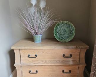 Drexel 3 drawer wooden cabinet 43”x19”x36”H & decor.