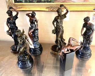 Classical Bronze Statues (handcrafted bronze casting techniques w/ hand-carved details, color burning/painting, premium quality) L to R:Italian Thalia, French Angel on Rock, French Seated Diana, Italian Thalia v2, Italian Reclining Nude, French Woman with Chicks