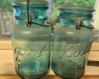 Vintage Ball Blue & Clear glass canning jars w/ glass & metal lids