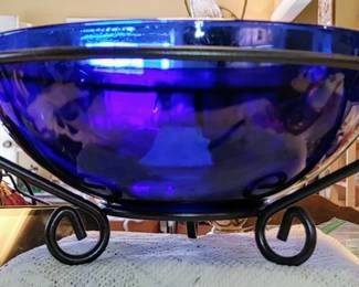 Cobalt serving Bowl in wrought iron stand