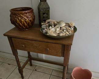 Small One Drawer Antique Table - Flower Pots - Shells