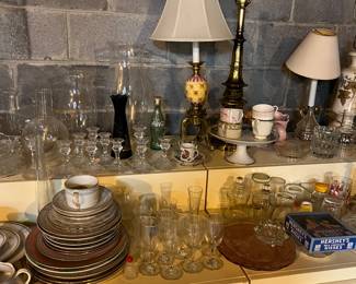 Assorted dishes, lamps, and home decor