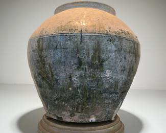 Han Dynasty 12" Footed Trade Jar on custom modern 2" high base $1,795 or bid #89