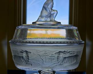 LG Wright Glass Co. Vintage Covered Compote "Westward Ho" $65 or bid #142