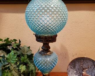Fenton art glass blue hobnail lamp